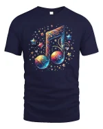 Galaxy Music Note Starry Art Graphic Tee Cosmic Sound Tshirt - navy t-shirt on white background