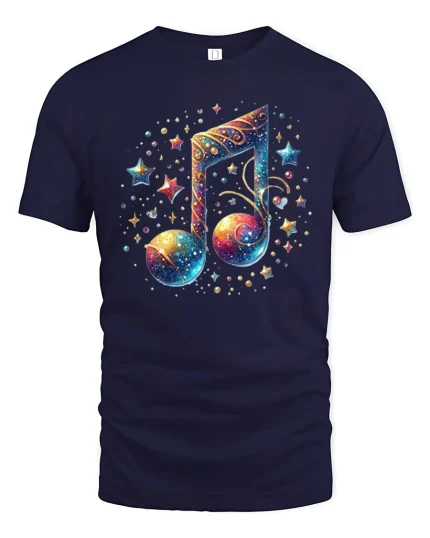 Galaxy Music Note Starry Art Graphic Tee Cosmic Sound Tshirt - navy t-shirt on white background