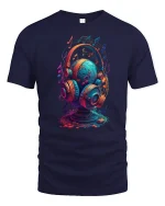 Colorful Music Headphones Art Graphic Tee Rhythm Sound Tshirt - navy t-shirt on white background