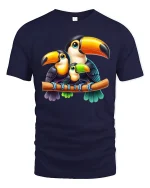 Cute Toucan Family Illustration Graphic Tee Tropical Bird Tshirt - navy t-shirt on white background