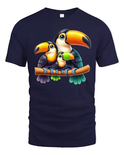Cute Toucan Family Illustration Graphic Tee Tropical Bird Tshirt - navy t-shirt on white background