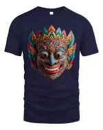 Colorful Tribal Mask Art Graphic Tee Cultural Statement T Shirt - navy t-shirt on white background