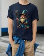 Cute Wizard Gnome Magic Staff Graphic Tee Fantasy Cartoon Tshirt - model wearing navy tee with hands in pockets