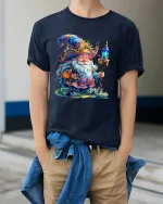 Magical Wizard Gnome Crystal Staff Graphic Tee Fantasy Art Tshirt - model wearing navy tee with hands in pockets