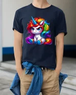 Cute Grumpy Rainbow Unicorn Graphic Tee Colorful Fantasy Tshirt - model wearing navy tee with hands in pockets