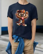 Funny Nerd Bear With Glasses Graphic Tee Cute Cartoon Tshirt - model wearing navy tee with hands in pockets