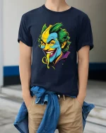 Crazy Grinning Villain Cartoon Face Graphic Tee Bold Color Tshirt - model wearing navy tee with hands in pockets