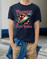 Tropical Aloha Boards Skateboard Floral Graphic Tee Island Style Tshirt - model wearing navy tee with hands in pockets