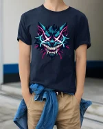 Neon Savage Wolf Demon Face Graphic Tee Electric Style Tshirt - model wearing navy tee with hands in pockets