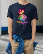 Colorful Butterfly and Melting Rose Art Graphic Tee Dreamy Tshirt - model wearing navy tee with hands in pockets