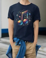 Galaxy Music Note Starry Art Graphic Tee Cosmic Sound Tshirt - model wearing navy tee with hands in pockets