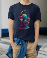 Colorful Music Headphones Art Graphic Tee Rhythm Sound Tshirt - model wearing navy tee with hands in pockets
