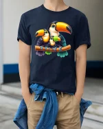 Cute Toucan Family Illustration Graphic Tee Tropical Bird Tshirt - model wearing navy tee with hands in pockets
