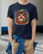 Lucky Irish Gnome Floral Beard Art Graphic Tee Whimsical Tshirt - model wearing navy tee with hands in pockets