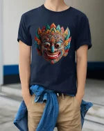 Colorful Tribal Mask Art Graphic Tee Cultural Statement T Shirt - model wearing navy tee with hands in pockets