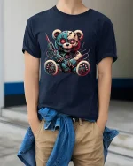 Cyberpunk Robo Teddy Bear Graphic Tee Dark Sci Fi Tshirt - model wearing navy tee with hands in pockets