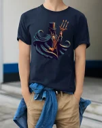 Mysterious Gentleman With Trident Graphic Tee Dark Fantasy Tshirt - model wearing navy tee with hands in pockets