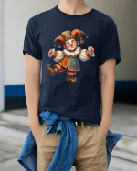 Happy Jester Clown Character Graphic Tee Whimsical Art Tshirt - model wearing navy tee with hands in pockets
