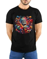 Colorful Music Explosion Microphone Art Graphic Tee Creative Tshirt - model wearing black tee with hands behind back