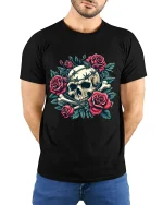 Gothic Skull With Roses Graphic Tee Dark Floral Art Tshirt - model wearing black tee with hands behind back