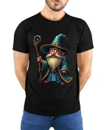 Cute Wizard Gnome Magic Staff Graphic Tee Fantasy Cartoon Tshirt - model wearing black tee with hands behind back
