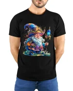 Magical Wizard Gnome Crystal Staff Graphic Tee Fantasy Art Tshirt - model wearing black tee with hands behind back