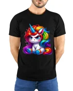 Cute Grumpy Rainbow Unicorn Graphic Tee Colorful Fantasy Tshirt - model wearing black tee with hands behind back