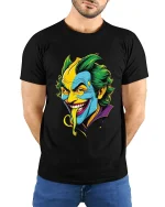 Crazy Grinning Villain Cartoon Face Graphic Tee Bold Color Tshirt - model wearing black tee with hands behind back