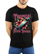 Tropical Aloha Boards Skateboard Floral Graphic Tee Island Style Tshirt - model wearing black tee with hands behind back
