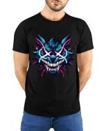 Neon Savage Wolf Demon Face Graphic Tee Electric Style Tshirt - model wearing black tee with hands behind back