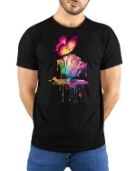 Colorful Butterfly and Melting Rose Art Graphic Tee Dreamy Tshirt - model wearing black tee with hands behind back