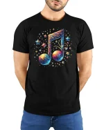 Galaxy Music Note Starry Art Graphic Tee Cosmic Sound Tshirt - model wearing black tee with hands behind back