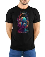 Colorful Music Headphones Art Graphic Tee Rhythm Sound Tshirt - model wearing black tee with hands behind back