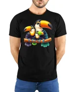 Cute Toucan Family Illustration Graphic Tee Tropical Bird Tshirt - model wearing black tee with hands behind back