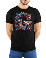 Patriotic Eagle Letter Art Graphic Tee American Pride Tshirt - model wearing black tee with hands behind back