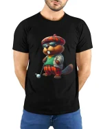 Cool Beaver Golfer Cartoon Graphic Tee Funny Stylish T Shirt - model wearing black tee with hands behind back