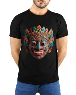 Colorful Tribal Mask Art Graphic Tee Cultural Statement T Shirt - model wearing black tee with hands behind back