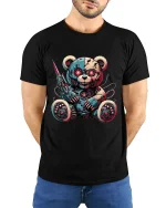 Cyberpunk Robo Teddy Bear Graphic Tee Dark Sci Fi Tshirt - model wearing black tee with hands behind back