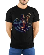 Mysterious Gentleman With Trident Graphic Tee Dark Fantasy Tshirt - model wearing black tee with hands behind back