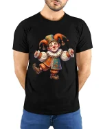 Happy Jester Clown Character Graphic Tee Whimsical Art Tshirt - model wearing black tee with hands behind back