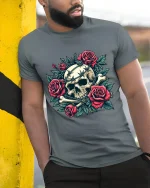 Gothic Skull With Roses Graphic Tee Dark Floral Art Tshirt - model wearing grey tee, leaning on column