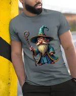 Cute Wizard Gnome Magic Staff Graphic Tee Fantasy Cartoon Tshirt - model wearing grey tee, leaning on column