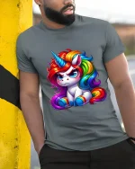 Cute Grumpy Rainbow Unicorn Graphic Tee Colorful Fantasy Tshirt - model wearing grey tee, leaning on column
