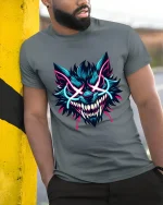 Neon Savage Wolf Demon Face Graphic Tee Electric Style Tshirt - model wearing grey tee, leaning on column