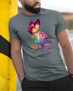 Colorful Butterfly and Melting Rose Art Graphic Tee Dreamy Tshirt - model wearing grey tee, leaning on column