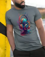 Colorful Music Headphones Art Graphic Tee Rhythm Sound Tshirt - model wearing grey tee, leaning on column