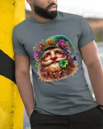 Lucky Irish Gnome Floral Beard Art Graphic Tee Whimsical Tshirt - model wearing grey tee, leaning on column
