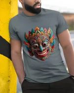 Colorful Tribal Mask Art Graphic Tee Cultural Statement T Shirt - model wearing grey tee, leaning on column