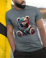 Cyberpunk Robo Teddy Bear Graphic Tee Dark Sci Fi Tshirt - model wearing grey tee, leaning on column