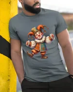 Happy Jester Clown Character Graphic Tee Whimsical Art Tshirt - model wearing grey tee, leaning on column